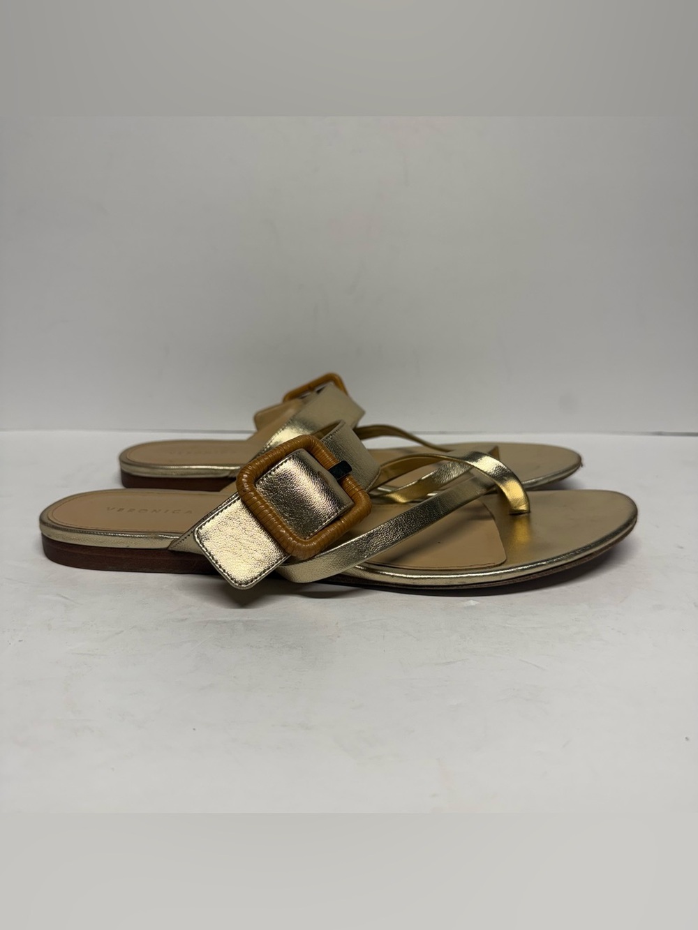 Veronica Beard Leather Slides in Gold/Metallic Buckle Women's Size 11